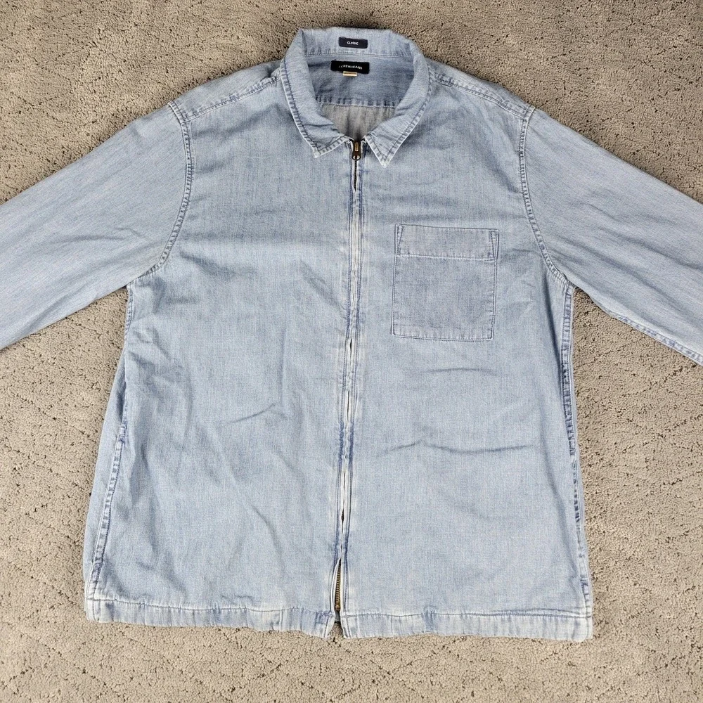 J Crew Jacket Mens Large Blue Denim Full Zip Overshirt Lightweight Long Sleeve